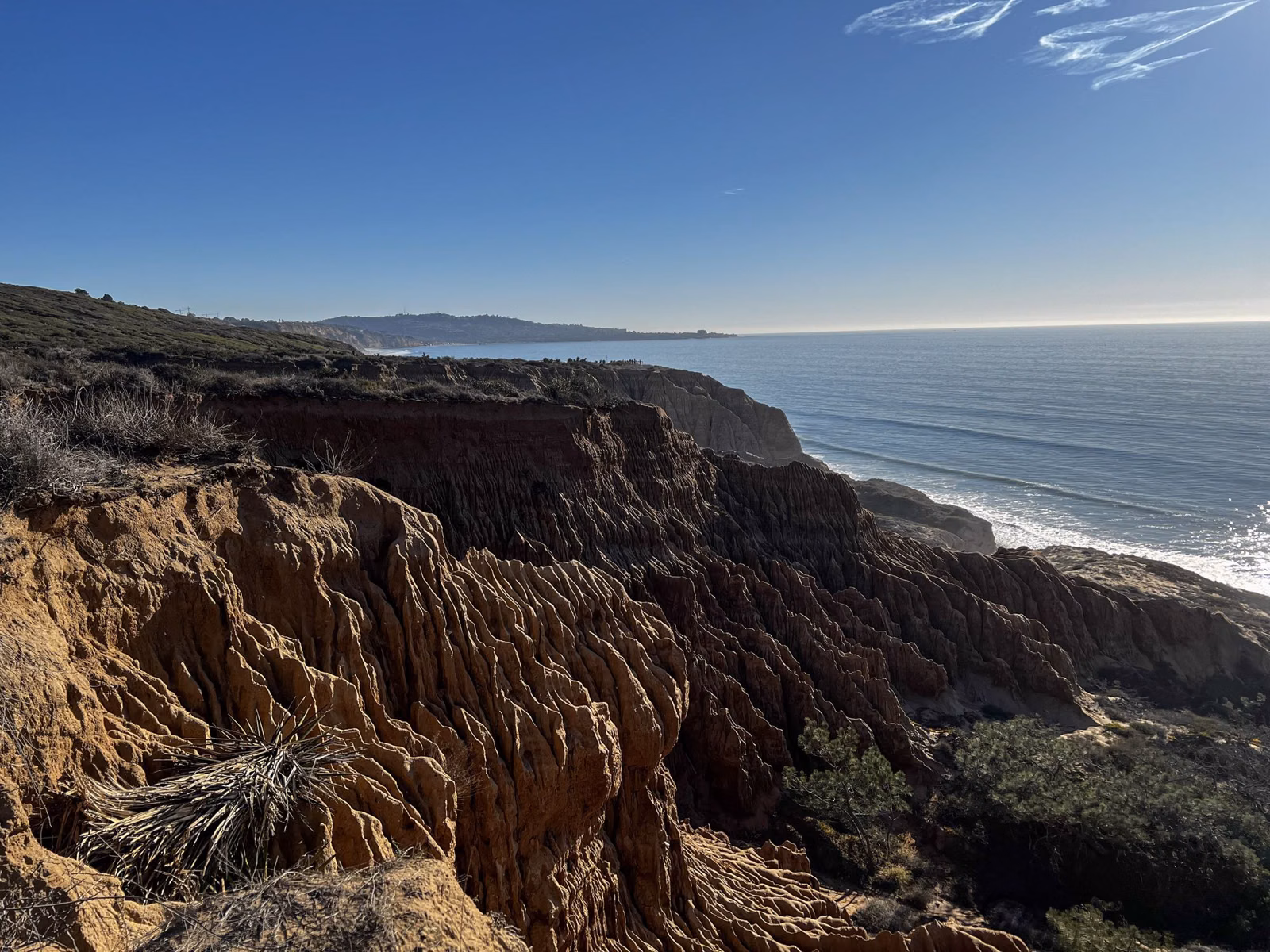 Eroded sandstone badlands and sea cliffs above the Pacific, looking south along the coast